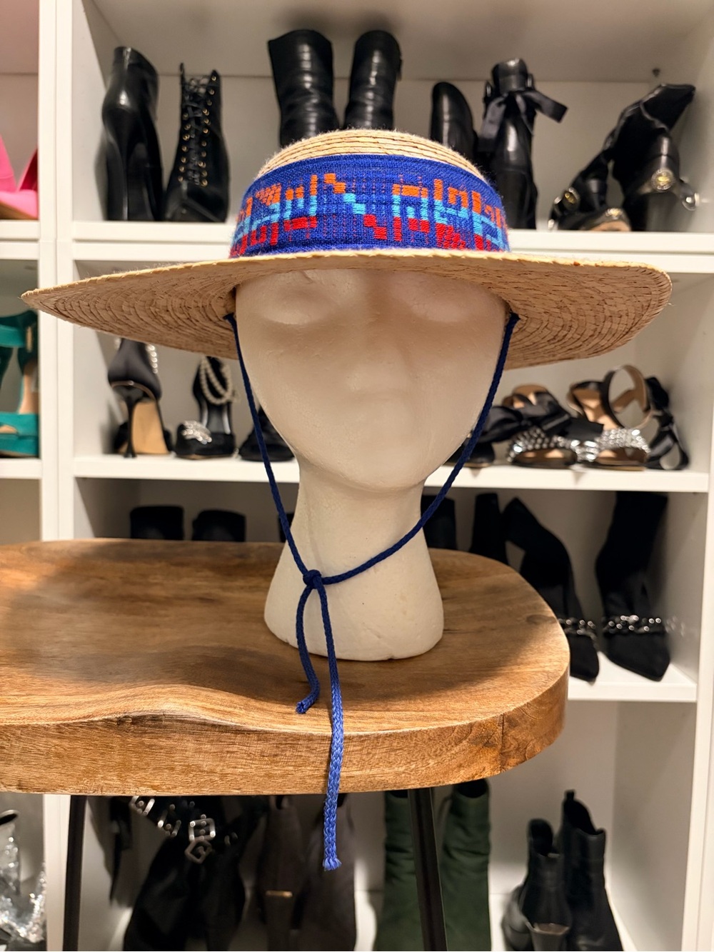 Handwoven Straw Sun Hat with Blue Beaded Band